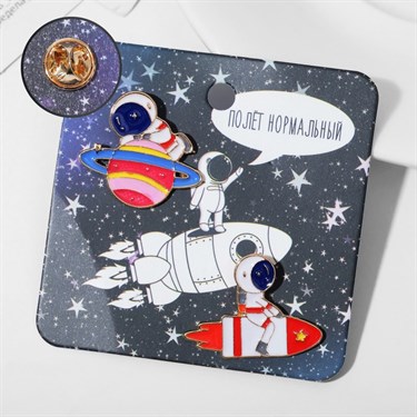 Набор значков (2шт) "Космонавты", цветной в золоте - фото 54683