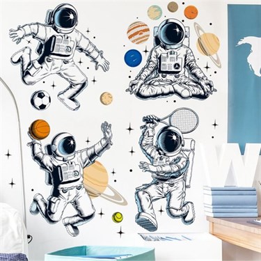 Наклейка пластик интерьерная цветная "Космонавты и спорт" набор 2 листа - фото 56714