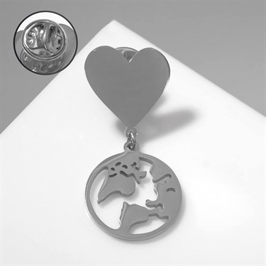 Значок "Планета" на сердце, цвет серебро - фото 56800